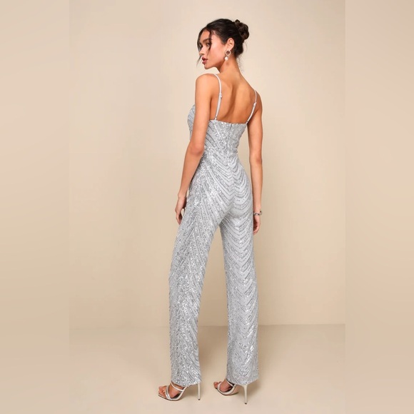 Lulus Outstanding Glow Silver Sequin Sleeveless Straight Leg Jumpsuit Small - Picture 4 of 16